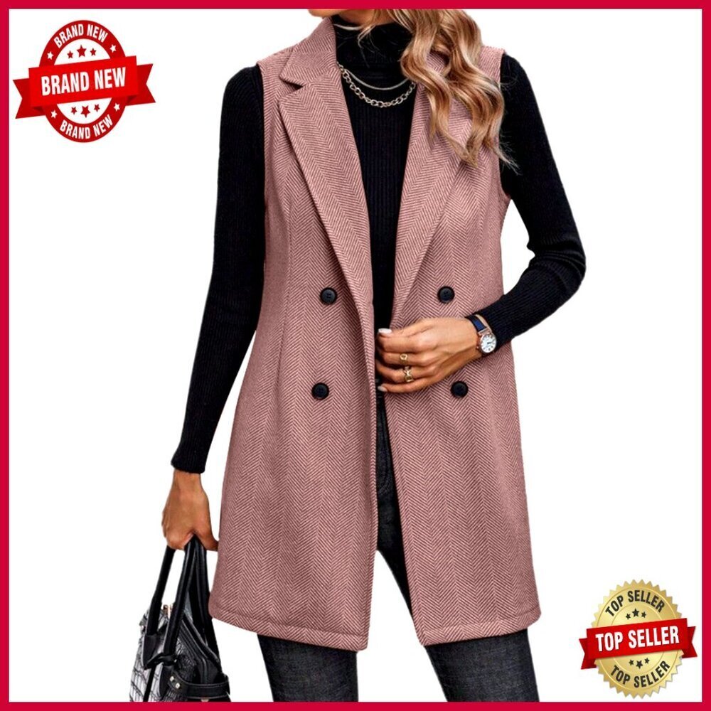 Sleeveless Long Vest Blazer for Women, Loose Fit, Polyester, Office Wear